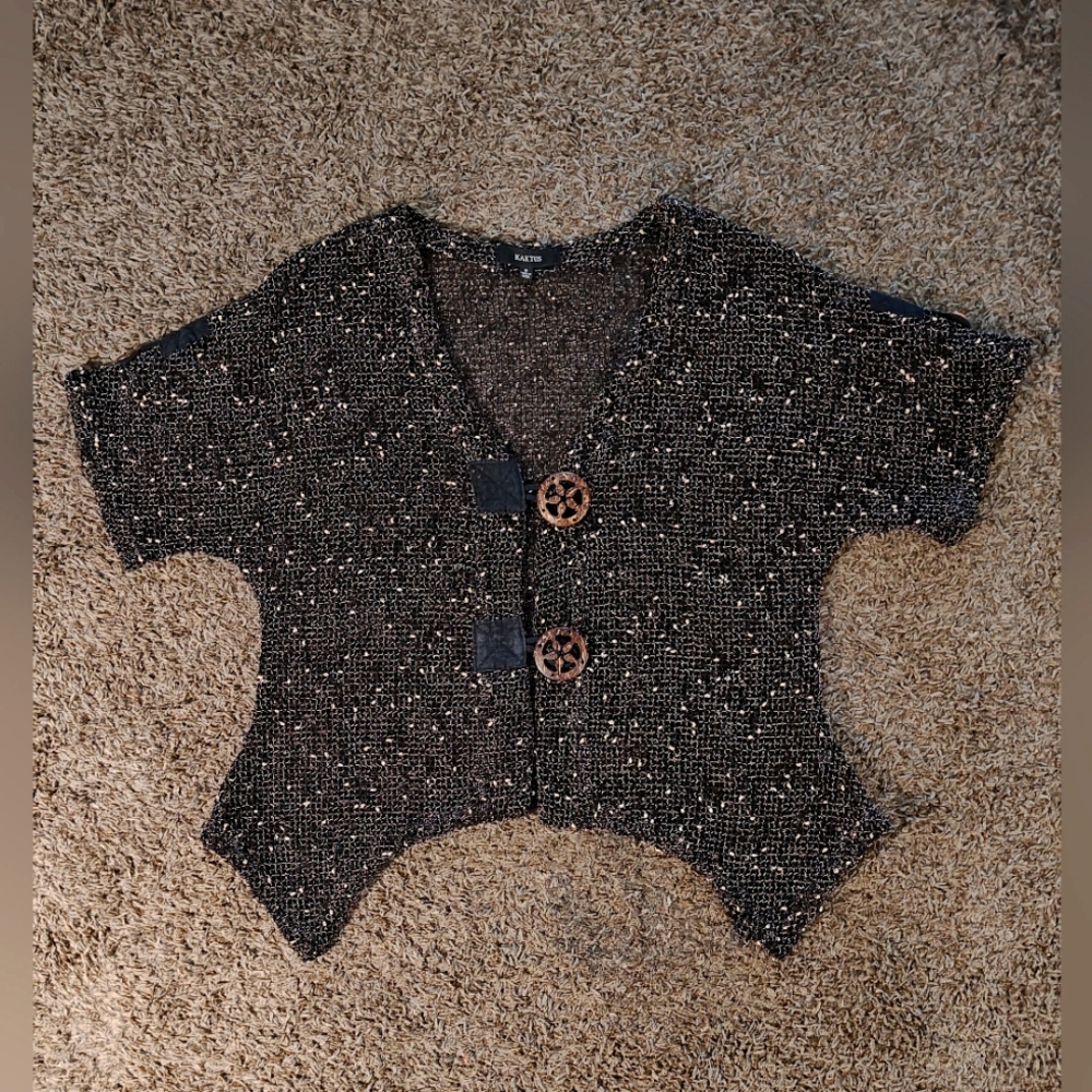 Kaktus Cardigan Womens Black Open Knit Button Down V Neck Short Sleeve